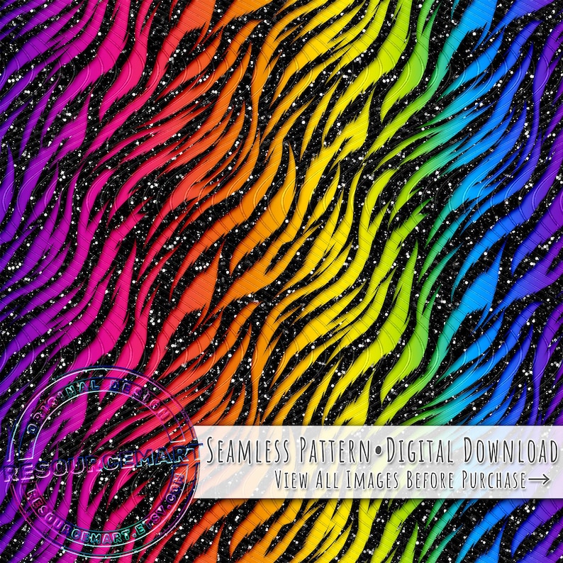 K&ouml;nnte beinhalten: Ein lebendiges, nahtloses Muster mit einem Regenbogen-Zebramuster-Design. Die Streifen verlaufen durch Farbt&ouml;ne von Rosa, Orange, Gelb, Gr&uuml;n und Blau auf einem schwarzen, glitzernden Hintergrund. Der Text "SEAMLESS PATTERN &bull; DIGITAL DOWNLOAD" ist sichtbar.