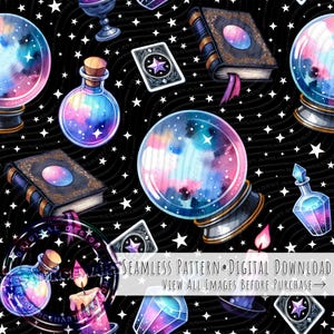 Nahtloses Pastell-Magie-Muster, hexenhaftes Sublimationsdesign, Halloween-Digitaldownload, farbenfroher Pastell-Gothic-Stoffdruck, praktische Magie