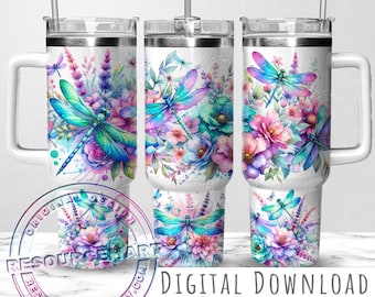 Watercolor Dragonflies Seamless 40oz Tumbler Wrap Design, 40 ounce stanley quencher sublimation template, 40 oz summer pastel watercolor cup