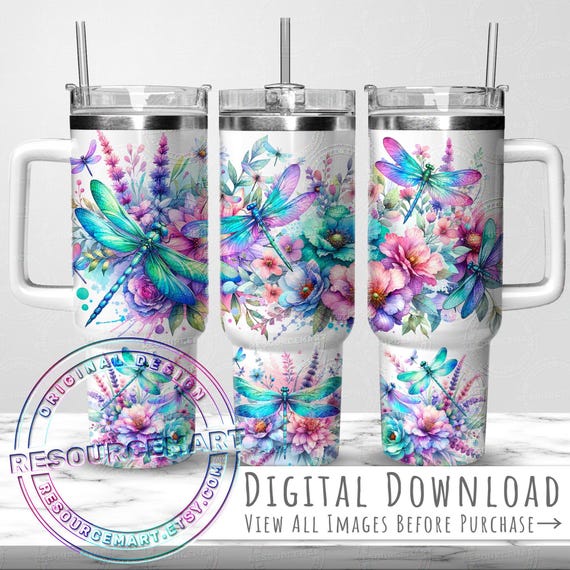 Watercolor Dragonflies Seamless 40oz Tumbler Wrap Design, 40 ounce stanley quencher sublimation template, 40 oz summer pastel watercolor cup