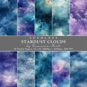 Aquarel Stardust Clouds Digital Paper Pack, naadloze nachtelijke hemelpatronen, ongewenste dagboek- of plakboekpagina's, kaarten maken, foto-achtergrond