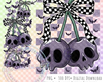 Skull Cherries PNG Design, Charcoal Gray Halloween Coquette Cherry Retro Checker Bow with Sleeve graphic for sublimation t-shirt tee shirt