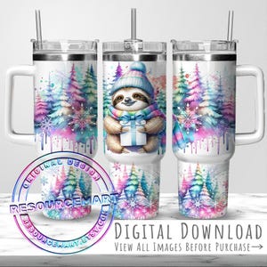 Winter Baby Sloth With Pastel Pine Trees & Snowflakes 40oz Tumbler Wrap Sublimation Design, cute Christmas 40 oz ounce handle stanley cup