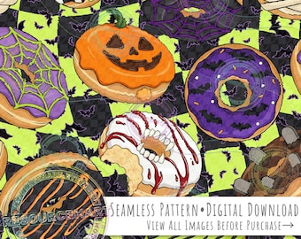 Halloween Donuts Seamless Pattern, green retro checker background seamless file, jack o lantern mummy bats vampire & witch digital paper