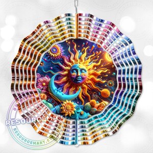 3d Celestial Wind Spinner Sublimation Design, digital download, 10 inch png, sun & moon colorful astrology outdoor garden yard decor
