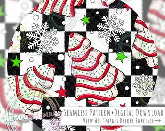 Christmas Tree Cake Seamless Pattern, classic xmas sweets on retro checker seamless file digital paper, holiday food nostalgic festive print