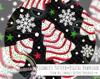 Christmas Tree Cake Seamless Pattern, Winter Holiday Digital Paper with Snowflakes & Stars, Retro Nostalgic Xmas Background on Black