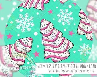 Christmas Tree Cake Seamless Pattern, Holiday sweets seamless file digital paper, pastel pink and mint green retro nostalgic festive print