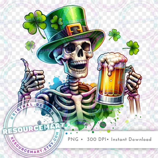 St Patrick's Skeleton With Beer PNG Graphic File, Print on Demand, men's t-shirt tee design, sweatshirt sublimation, green gold waterslide