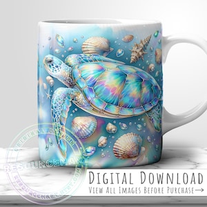 Design per tazza con tartaruga marina in acquerello pastello, modello per sublimazione da 11 oz, 12 oz e 15 oz, pressa per tazza da caffè da 11 oz, 12 oz e 15 oz, estate png POD