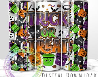Halloween Trick or Treat 20oz Tumbler Wrap Design, 20 ounce spooky horror retro candy pails sublimation cup