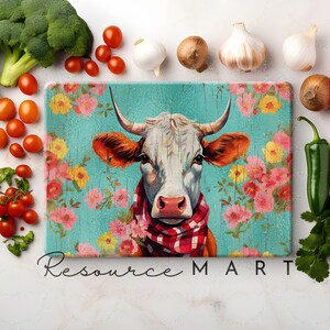 Planche à découper en verre de vache de style ferme rétro, sublimation, grand modèle de fleurs roses et grain de bois turquoise, vintage kitsch png thumbnail