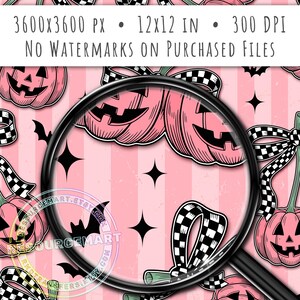 Halloween Pumpkin Cherries seamless pattern design, jack o lantern black white checkered bows sublimation distressed stripe fabric print png image 2