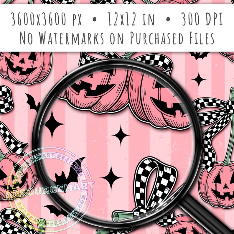 Halloween Pumpkin Cherries seamless pattern design, jack o lantern black white checkered bows sublimation distressed stripe fabric print png image 2