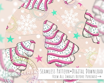Christmas Tree Cake Seamless Pattern, holiday food seamless file digital paper, pastel pink & cream sweets retro nostalgic festive print