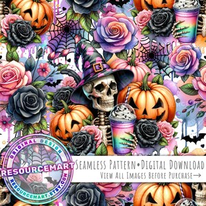 Colorful Halloween seamless pattern, skeleton & coffee sublimation design digital download, pastel floral fabric print, jack-o-lantern rose