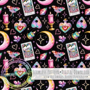 Patrón sin costuras de hechizo de amor, papel digital pastel gótico brujeril para San Valentín para tela y manualidades, archivo sin costuras pastel sobre fondo negro