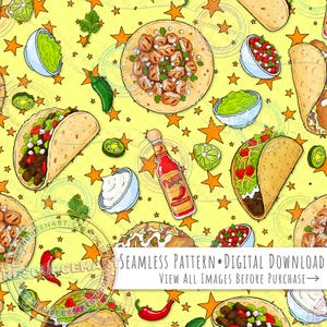 Tacos Seamless Pattern, Mexican food on yellow background orange stars Digital Paper, guacamole salsa hot sauce seamless file