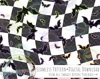 Halloween Bats Seamless Pattern, neon bats on charcoal grey retro checker background seamless file digital paper