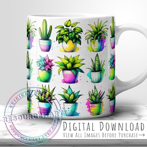 Diseño de envoltura para taza con plantas de interior, plantilla de sublimación de 11 oz, 12 oz y 15 oz, prensa para taza de café DIY para mamá con plantas de 11 oz, 12 oz y 15 oz, png neón colorido