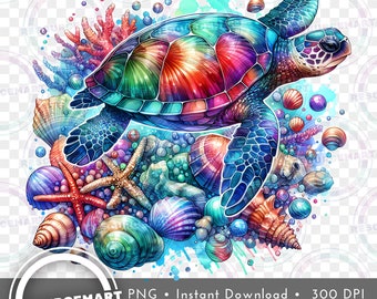Colorful Sea Turtle PNG Graphic File, Print on Demand, summer t-shirt tee design, printable tropical waterslide mug, sublimation glass can
