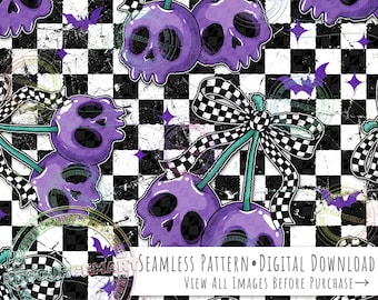 Skull Cherries Seamless Pattern, Purple Halloween Coquette Cherry Retro Checker Bow on grunge checkerboard print seamless file digital paper