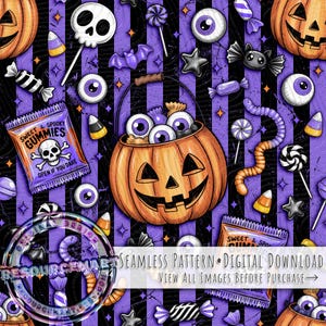 Può includere: Un motivo senza cuciture a tema Halloween con un secchio a forma di zucca pieno di bulbi oculari, circondato da caramelle, zucche e dolcetti spettrali. Il design include il testo "SWEET & SPOOKY GUMMIES" e "OPEN IF YOU DARE". Lo sfondo ha strisce viola.