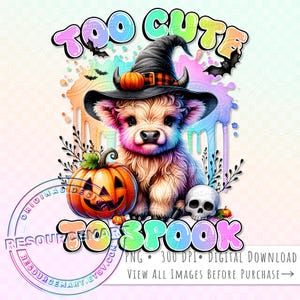 Too Cute to Spook PNG Grafikdatei, Baby Highland Kuh Pastell T-Shirt Sweatshirt Design, Sublimation Gruselsaison Einkaufstasche, Glasdose PNG