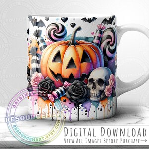 Halloween Mug Wrap Design, pastel skulls pumpkins roses 11oz 12 oz 15 ounce sublimation coffee cup press, 11 oz 12oz 15oz spooky coffee mug