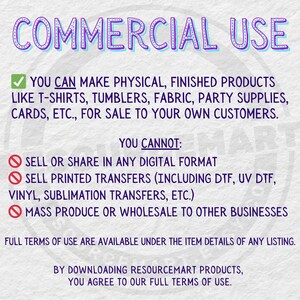 text that provides information about commercial use of various products, such as T-shirts, Tumblers, Fabric, Party Supplies, Cards, etc. It also includes a list of prohibited actions, such as selling or sharing in digital formats, printing transfers, and mass production or wholesale to other businesses. The text is written in a clear and concise manner, avoiding redundancy and focusing on the main points.