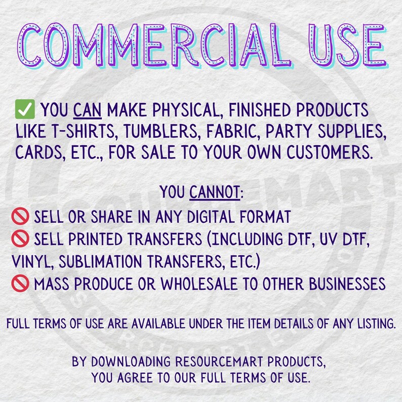 text that provides information about commercial use of various products, such as T-shirts, Tumblers, Fabric, Party Supplies, Cards, etc. It also includes a list of prohibited actions, such as selling or sharing in digital formats, printing transfers, and mass production or wholesale to other businesses. The text is written in a clear and concise manner, avoiding redundancy and focusing on the main points.