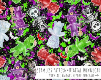 Halloween Sour Candy Kids Seamless Pattern, spooky horror print background seamless file digital paper, witch, vampire, ghost, zombie