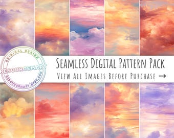 Watercolor Sunset Clouds Digital Paper Pack, seamless pastel sky patterns, junk journal or scrapbook pages, card making, photograph backdrop