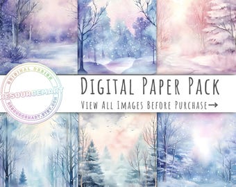 Watercolor Forest Winter Digital Paper, printable scrapbook paper snow background, Christmas wallpaper, junk journal pages,  print on demand