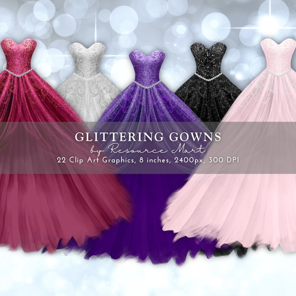 Glitter Watercolor Dress Clip Art, princess gown clipart prom wedding winter formal quinceañera quince bridal invitation invite fashion
