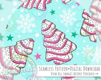 Christmas Tree Cake Seamless Pattern, holiday food seamless file digital paper, pastel pink & mint sweets on baby blue retro nostalgic print