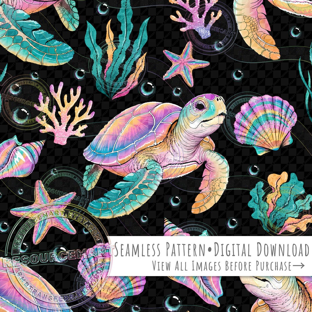 Sea Turtle Seamless Pattern, Pink & Turquoise Beach Seashells Digital ...