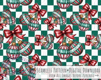 Christmas Tree Ornaments on Retro Checker Seamless Pattern, Red & Green Coquette Bow Xmas Baubles Print