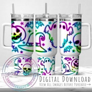 Neon Halloween 40oz Sublimation Tumbler Wrap Design, neon skulls pumpkins ghost witch hat bats 40 oz ounce stanley cup png, spooky season