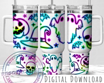Neon Halloween 40oz Sublimation Tumbler Wrap Design, neon skulls pumpkins ghost witch hat bats 40 oz ounce stanley cup png, spooky season