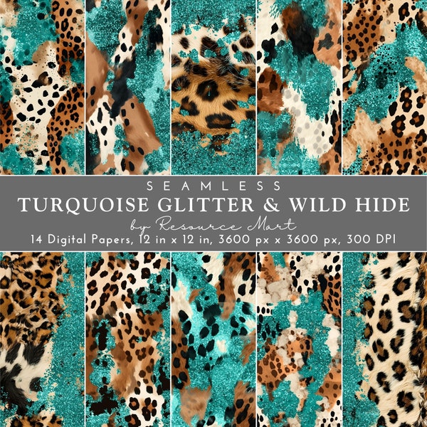 Seamless Turquoise Glitter and Wild Hide Digital Paper, cheetah scrapbook pages, leopard wallpaper, western background, cowhide textures POD