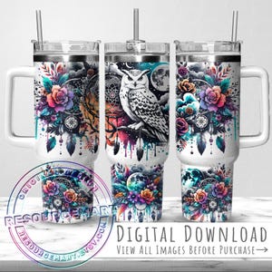 Seamless 40oz Tumbler Wrap Design, colorful boho owl sublimation 40 ounce stanley quencher handle cup, 40 oz floral celestial dreamcatcher