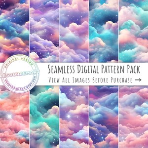 Padrões sem emendas de nuvens de algodão doce, papel digital de céu pastel, impressões digitais de tecido, elemento de design de convite de cartão, cenário de fotos de bebês e crianças