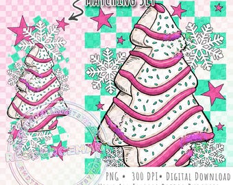 Christmas Tree Cake PNG Design, Holiday Shirt Graphic with Matching Sleeve for sublimation, pastel pink and mint green retro checker print