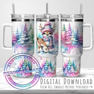Winter Deer With Pastel Pine Trees & Snowflakes 40oz Tumbler Wrap Sublimation Design, cute baby doe Christmas 40 oz ounce handle stanley cup image 1