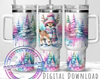 Winter Deer With Pastel Pine Trees & Snowflakes 40oz Tumbler Wrap Sublimation Design, cute baby doe Christmas 40 oz ounce handle stanley cup