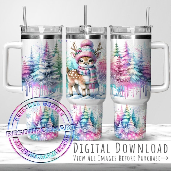 Winter Deer With Pastel Pine Trees & Snowflakes 40oz Tumbler Wrap Sublimation Design, cute baby doe Christmas 40 oz ounce handle stanley cup