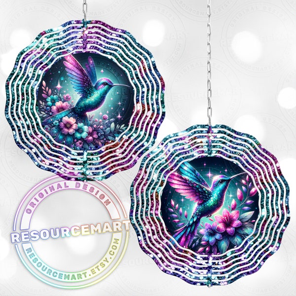 Pair of Sparkly Hummingbird Wind Spinner Sublimation Designs, 10 inch double sided light catching diy colorful floral outdoor garden decor