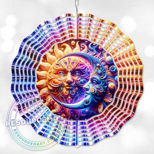 3d Celestial Wind Spinner Sublimation Design, digital download, 10 inch png, sun & moon colorful astrology outdoor garden yard decor