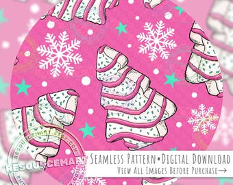 Christmas Tree Cake Seamless Pattern, Holiday sweets seamless file digital paper, pastel pink and mint green retro nostalgic festive print